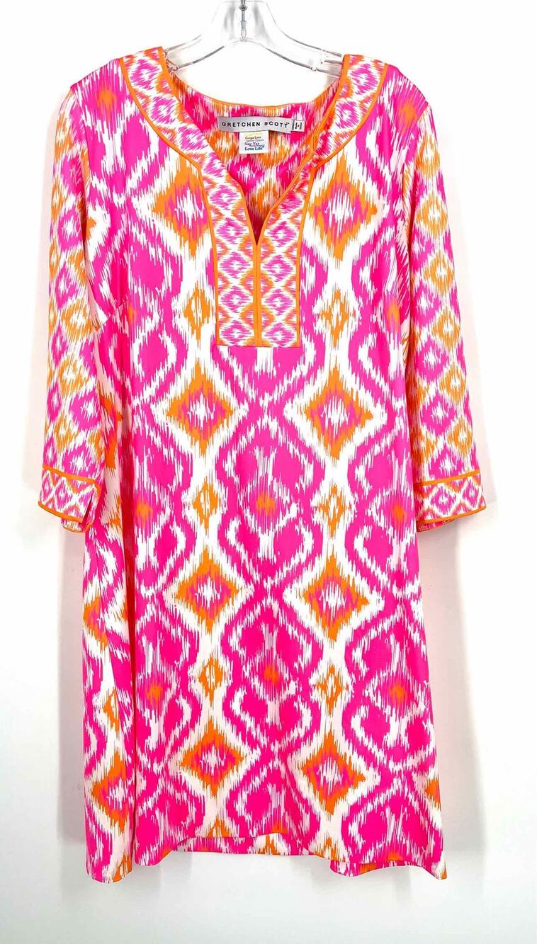 Gretchen Scott Size L ? Wh/Pk/Or Print Designer Dress